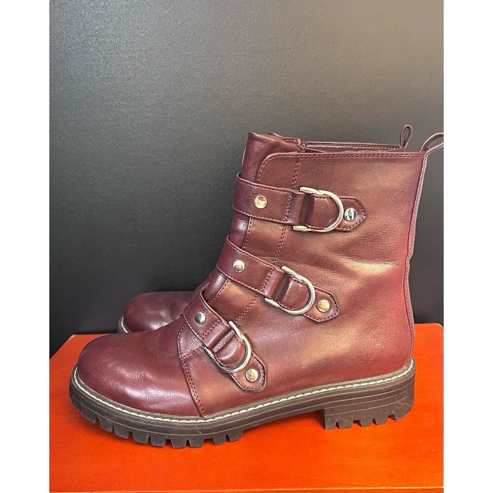 So Women’s Burgundy Leather Combat Mid-Calf Boots Round Toe Side Zip 9